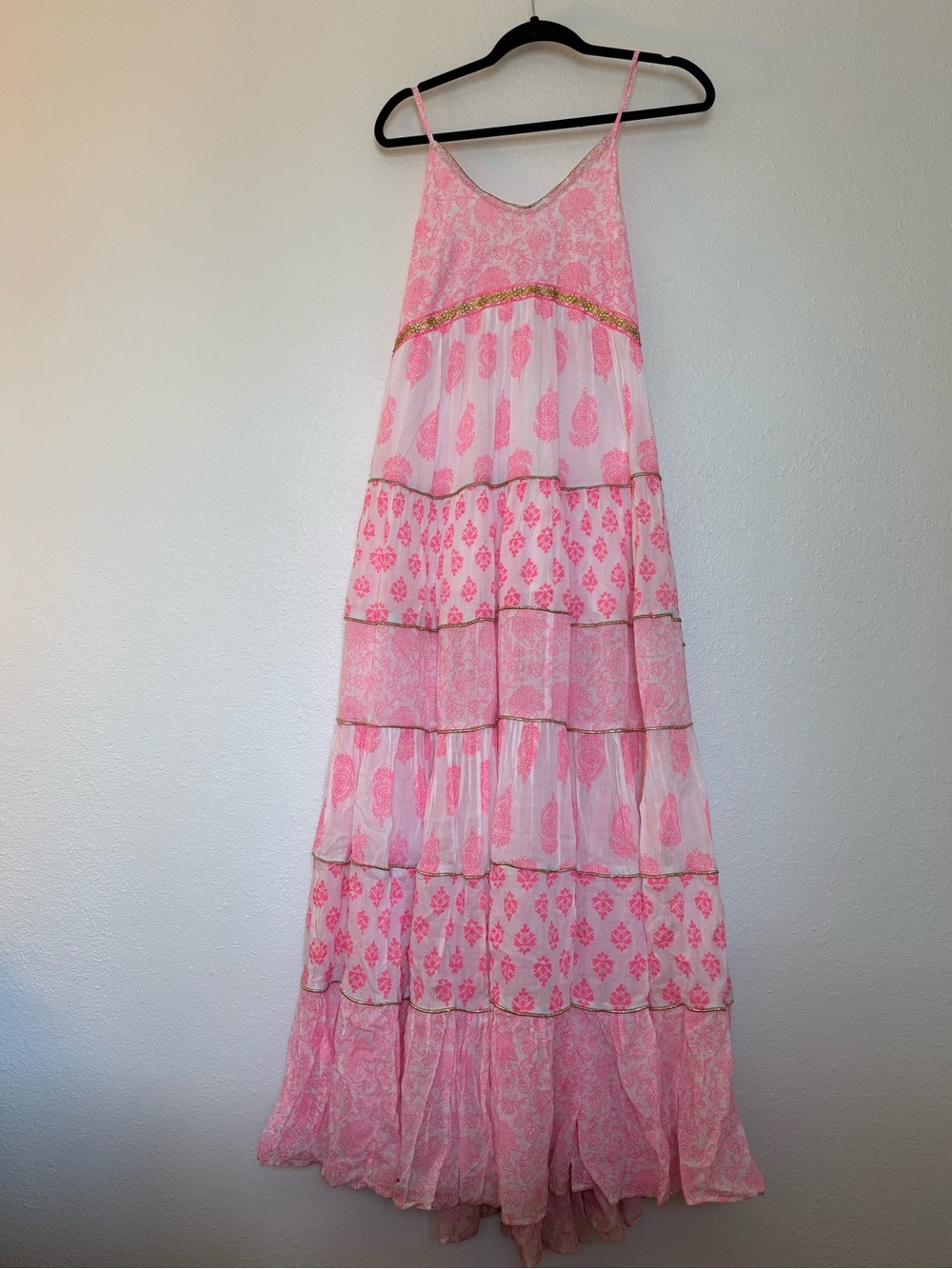 Miss June Paris - Women’s Boho Pink Tiered Maxi Dress with Gold Trim
